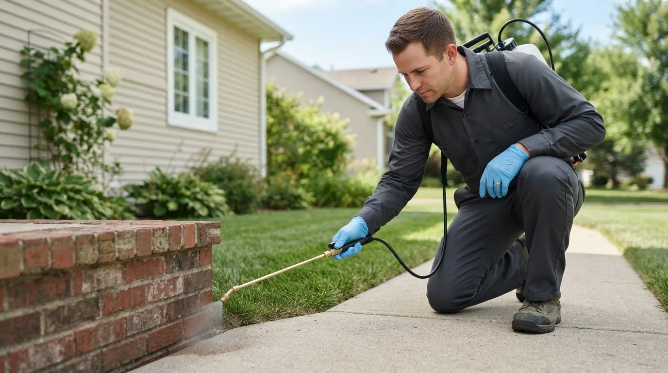 Pest control technician treating a home near Independence, VA
